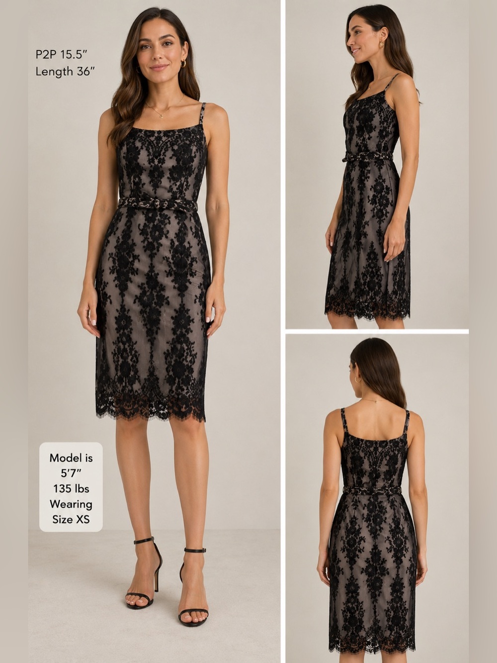 Anne Fontaine Black Lace Midi Dress with Nude Underlay